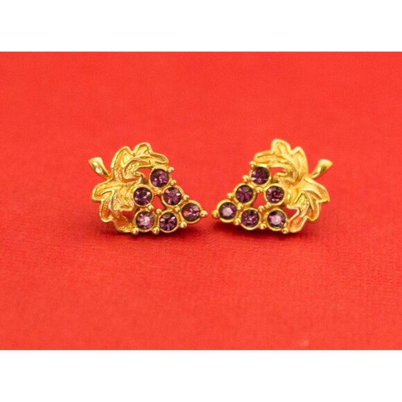 Vintage Grape Food Fruit Gold tone and Purple Earrings by Avon - F4 - Picture 2 of 3